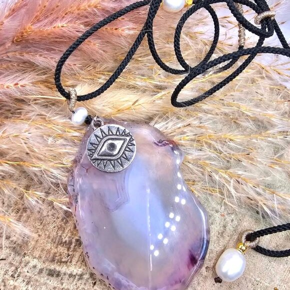 Nature Purple Agate Slice With Evil Eye Charm Pendant Necklace - Picture 10 of 11